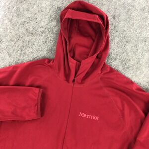 Marmot Mens Hooded Jacket Medium Red Full Zip Long Sleeve Thumb Holes Pockets